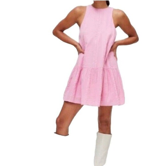 Urban Outfitters‎ Maisy High Neck Frock Pink Ruffle Dress Sz S Mod Retro Twee - Picture 1 of 15